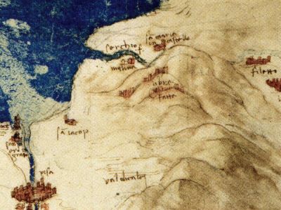 fig. 4 - Dettaglio dell entroterra pisano nella mappa di Leonardo Da Vinci, Toscana Marittima, c. 1503, penna, inchiostro, acquarello e matita nera, mm 275x401, Windsor, RL 12683 